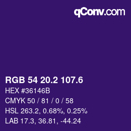 カラーコード: RGB 54 20.2 107.6 | qconv.com