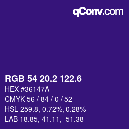 カラーコード: RGB 54 20.2 122.6 | qconv.com