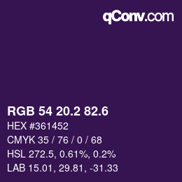 カラーコード: RGB 54 20.2 82.6 | qconv.com