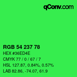 Color code: RGB 54 237 78 | qconv.com