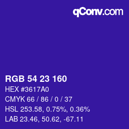 Color code: RGB 54 23 160 | qconv.com
