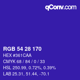 Color code: RGB 54 28 170 | qconv.com