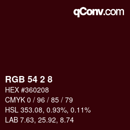 颜色代码: RGB 54 2 8 | qconv.com