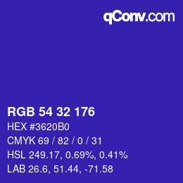 Color code: RGB 54 32 176 | qconv.com