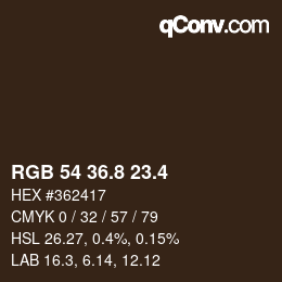 カラーコード: RGB 54 36.8 23.4 | qconv.com