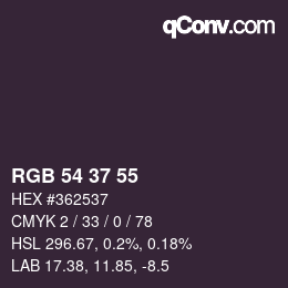 Color code: RGB 54 37 55 | qconv.com