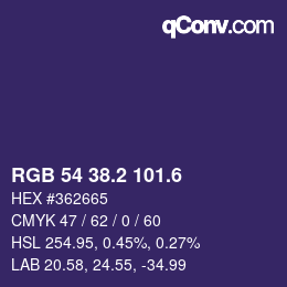 カラーコード: RGB 54 38.2 101.6 | qconv.com