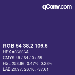カラーコード: RGB 54 38.2 106.6 | qconv.com