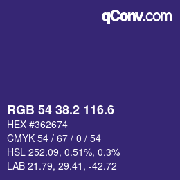 カラーコード: RGB 54 38.2 116.6 | qconv.com