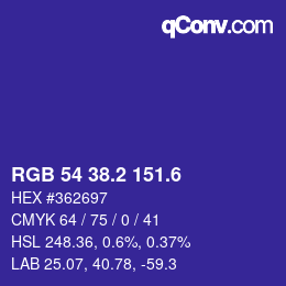 カラーコード: RGB 54 38.2 151.6 | qconv.com