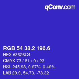 カラーコード: RGB 54 38.2 196.6 | qconv.com