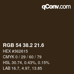 カラーコード: RGB 54 38.2 21.6 | qconv.com