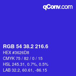 カラーコード: RGB 54 38.2 216.6 | qconv.com