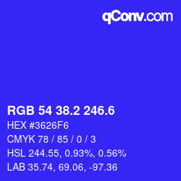 カラーコード: RGB 54 38.2 246.6 | qconv.com