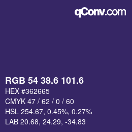 カラーコード: RGB 54 38.6 101.6 | qconv.com