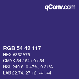 Color code: RGB 54 42 117 | qconv.com