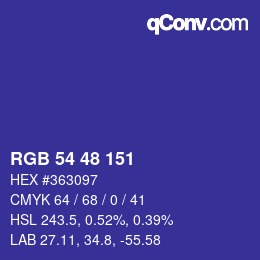 Color code: RGB 54 48 151 | qconv.com