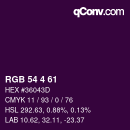 Color code: RGB 54 4 61 | qconv.com