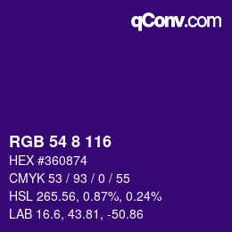 カラーコード: RGB 54 8 116 | qconv.com