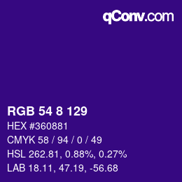 Color code: RGB 54 8 129 | qconv.com