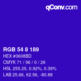 Color code: RGB 54 8 189 | qconv.com