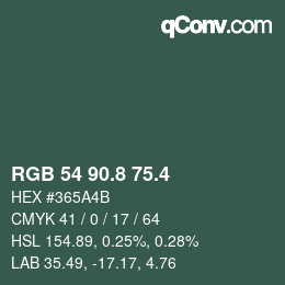 カラーコード: RGB 54 90.8 75.4 | qconv.com