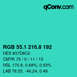 カラーコード: RGB 55.1 216.8 192 | qconv.com