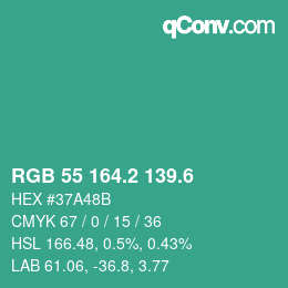 カラーコード: RGB 55 164.2 139.6 | qconv.com