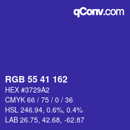 Color code: RGB 55 41 162 | qconv.com