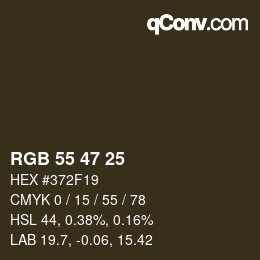 Color code: RGB 55 47 25 | qconv.com