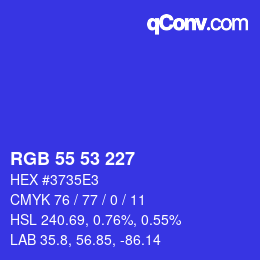 Color code: RGB 55 53 227 | qconv.com