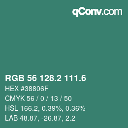 カラーコード: RGB 56 128.2 111.6 | qconv.com