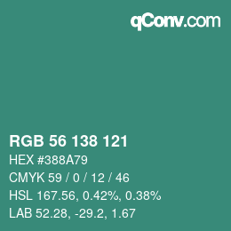 Color code: RGB 56 138 121 | qconv.com
