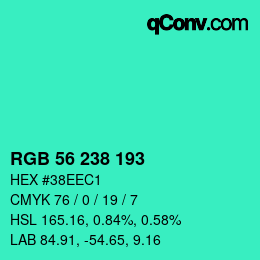 Color code: RGB 56 238 193 | qconv.com