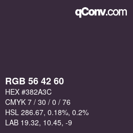 颜色代码: RGB 56 42 60 | qconv.com