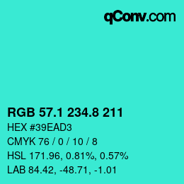 カラーコード: RGB 57.1 234.8 211 | qconv.com