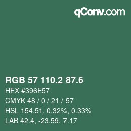 カラーコード: RGB 57 110.2 87.6 | qconv.com