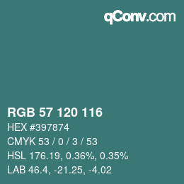 カラーコード: RGB 57 120 116 | qconv.com