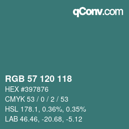 カラーコード: RGB 57 120 118 | qconv.com