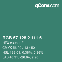 カラーコード: RGB 57 128.2 111.6 | qconv.com