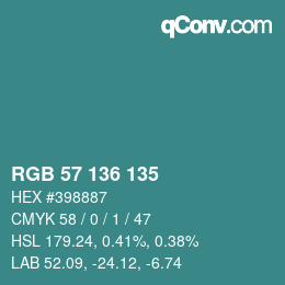 Color code: RGB 57 136 135 | qconv.com