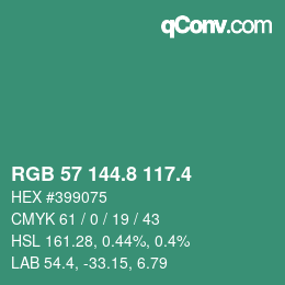 カラーコード: RGB 57 144.8 117.4 | qconv.com