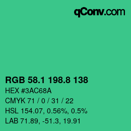 カラーコード: RGB 58.1 198.8 138 | qconv.com