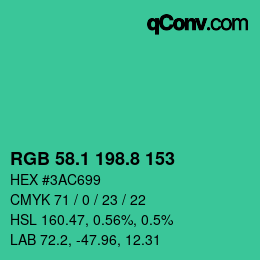 カラーコード: RGB 58.1 198.8 153 | qconv.com