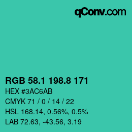 カラーコード: RGB 58.1 198.8 171 | qconv.com