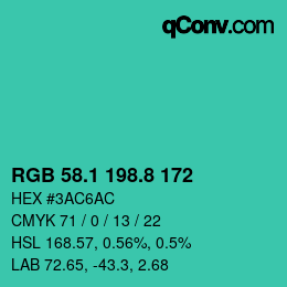 カラーコード: RGB 58.1 198.8 172 | qconv.com