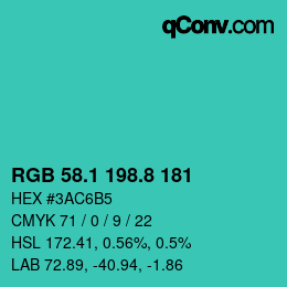 カラーコード: RGB 58.1 198.8 181 | qconv.com