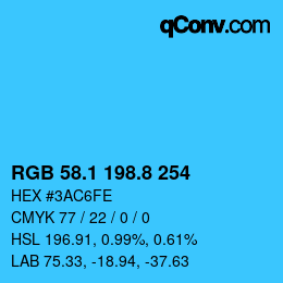 カラーコード: RGB 58.1 198.8 254 | qconv.com