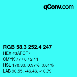 カラーコード: RGB 58.3 252.4 247 | qconv.com
