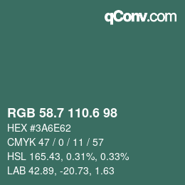 カラーコード: RGB 58.7 110.6 98 | qconv.com